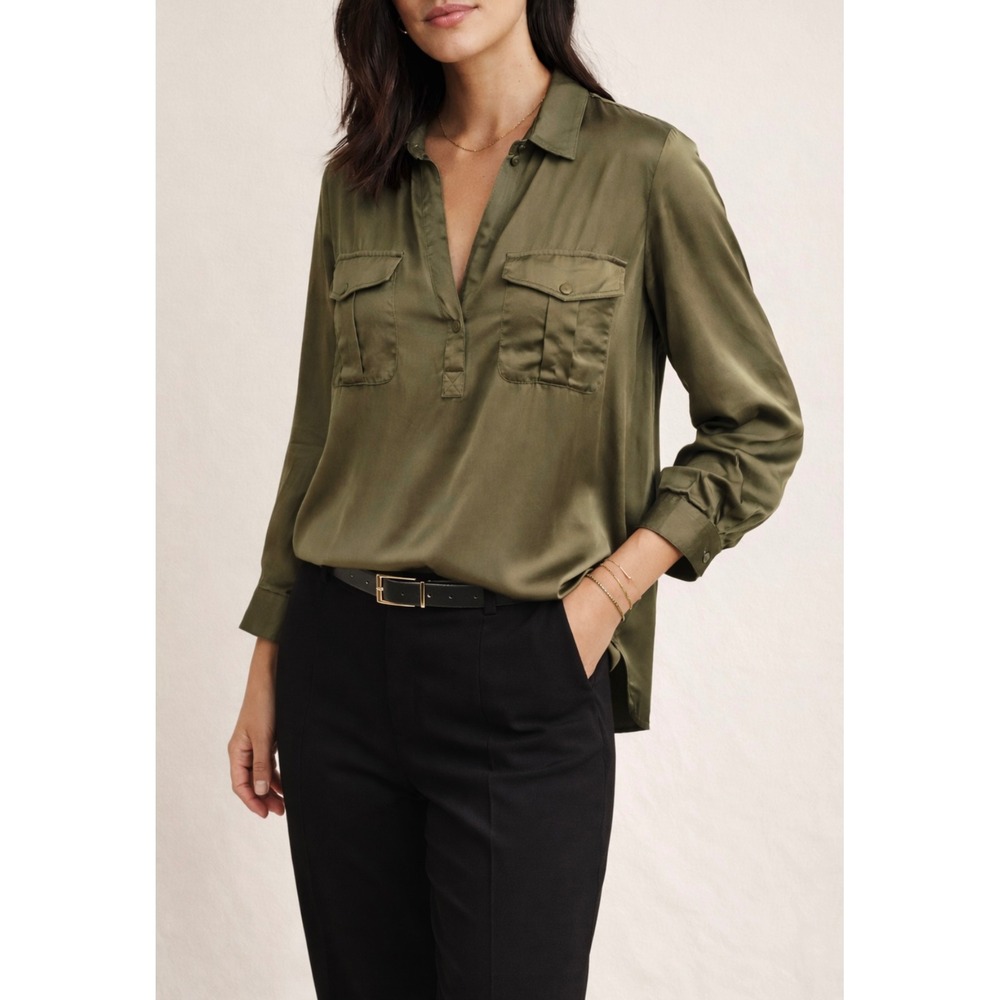 Quiet Luxury Anthropologie Blouse Sz XLarge Olive Satin Utility Viscose Relaxed